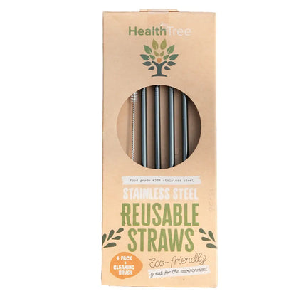 HEALTHTREE Black Stainless Steel Reusable Straws 4 Pack + Cleaning Brush