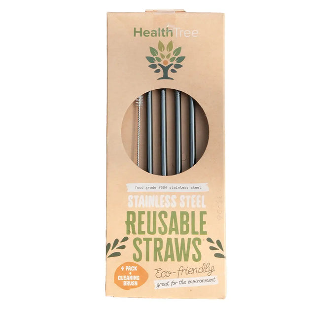 HEALTHTREE Black Stainless Steel Reusable Straws 4 Pack + Cleaning Brush