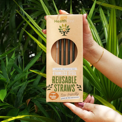 HEALTHTREE Black Stainless Steel Reusable Straws 4 Pack + Cleaning Brush