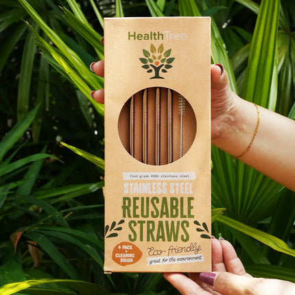 HEALTHTREE Rose Gold Stainless Steel Reusable Straws 4 Pack + Cleaning Brush